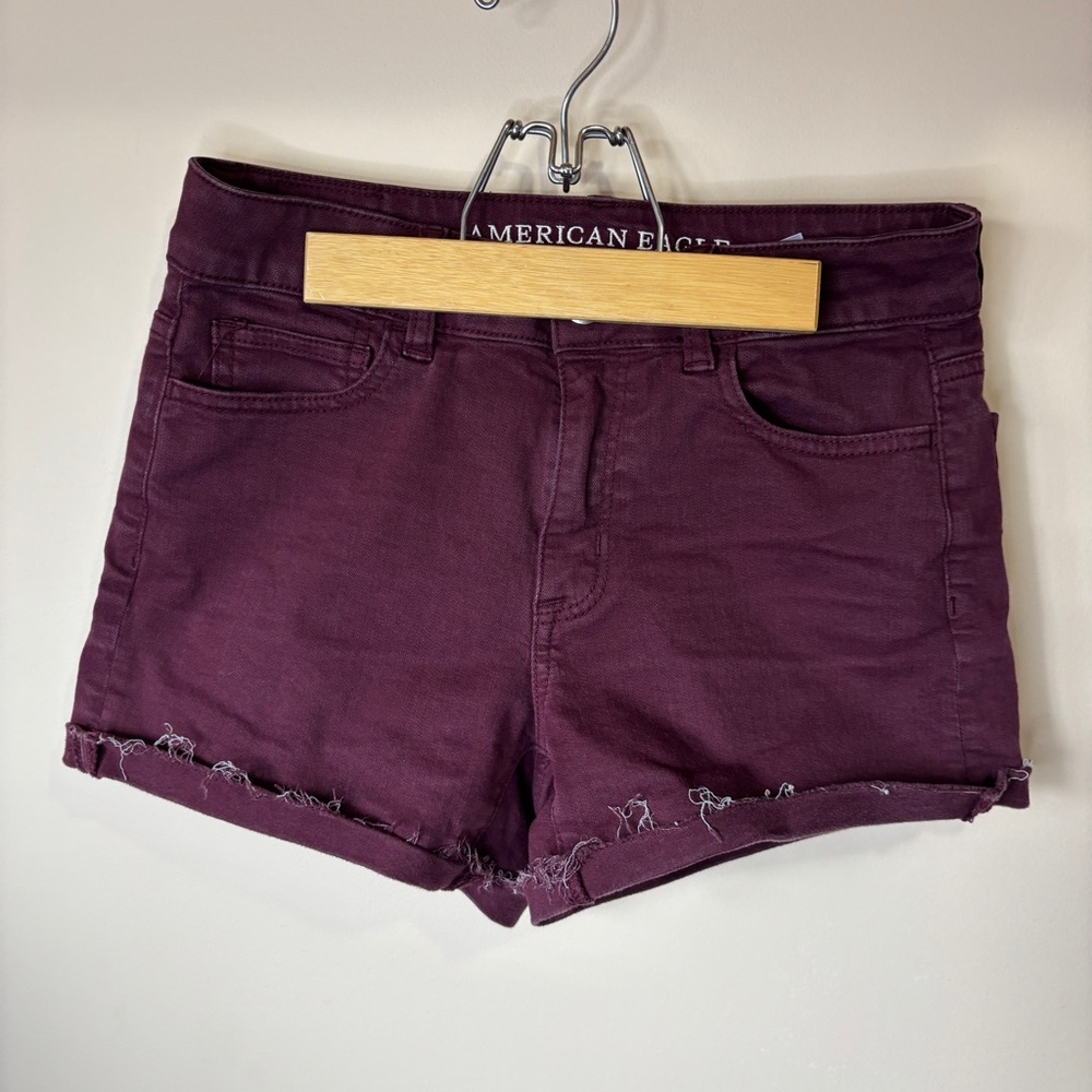 American Eagle Outfitters Burgundy High Waist Shorts Super Stretch Raw Hem
